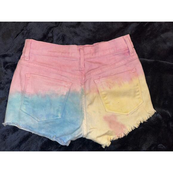 NWOT Y2K GYPSY WARRIOR TIE DYE PASTEL DENIM DAISY DUKES CUTOFFS SHORTS S - Picture 1 of 6